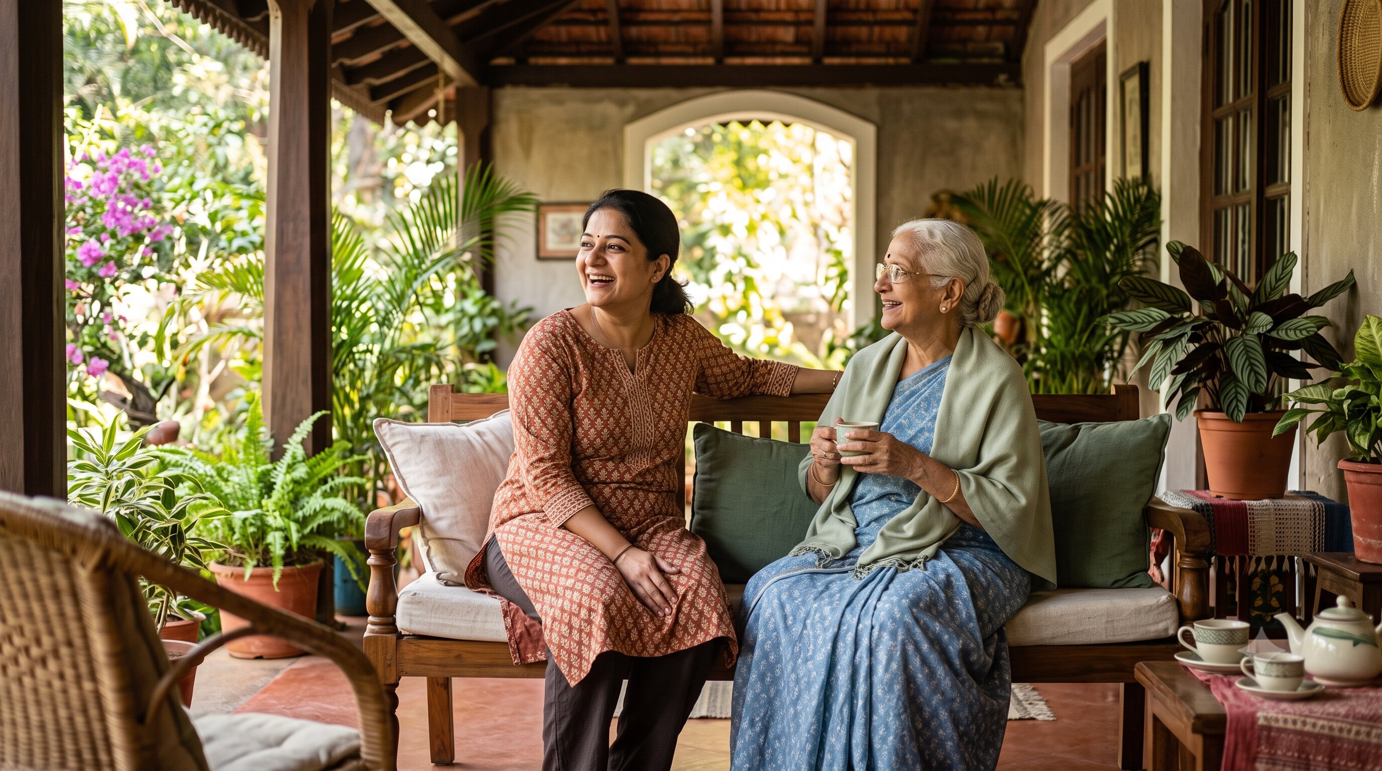 A caregiver sitting with a resident in the Novara garden lounge